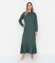 Trendyol Olive Jersey Hooded Maxi Sweatshirt Dress